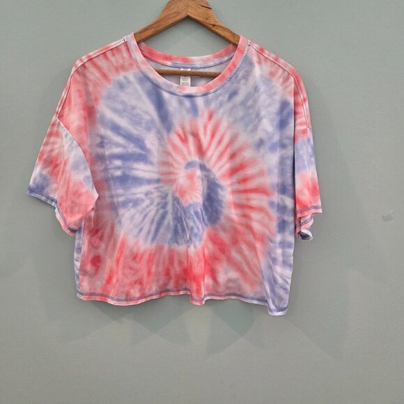 LOVE, LIFE, LIVE CROP T-SHIRT WITH DROP SLEEVE SIZE LARGE BLUE & PINK TIE DYE - Picture 1 of 11